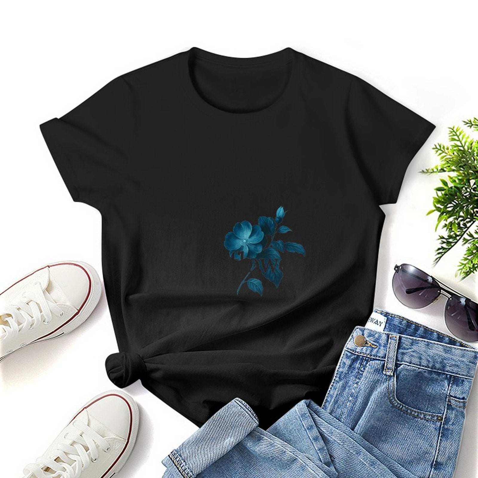 Gildan T-shirt Women Elegant Blue Wildflower Design Spring and Summer Round Neck Short - sleeved Tops Women's Casual Sports T-shirt - TrendyLookz