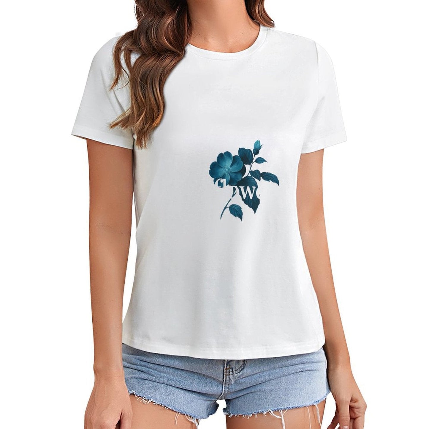 Gildan T-shirt Women Elegant Blue Wildflower Design Spring and Summer Round Neck Short - sleeved Tops Women's Casual Sports T-shirt - TrendyLookz