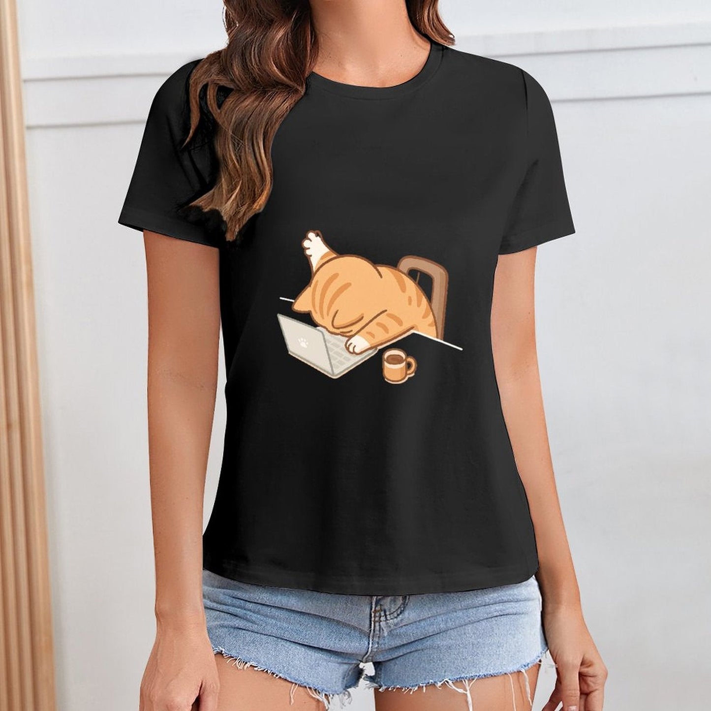 Gildan T-shirt Women Exhausted Cat at Work Spring and Summer Round Neck Short - sleeved Tops Women's Casual Sports T-shirt - TrendyLookz
