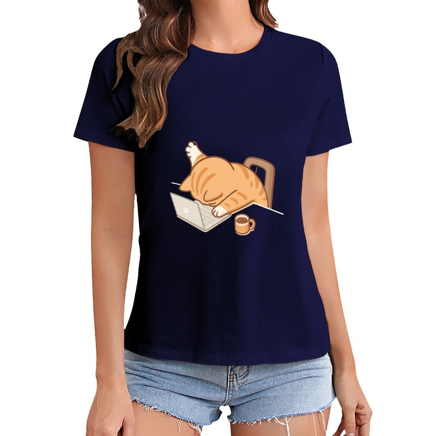 Gildan T-shirt Women Exhausted Cat at Work Spring and Summer Round Neck Short - sleeved Tops Women's Casual Sports T-shirt - TrendyLookz