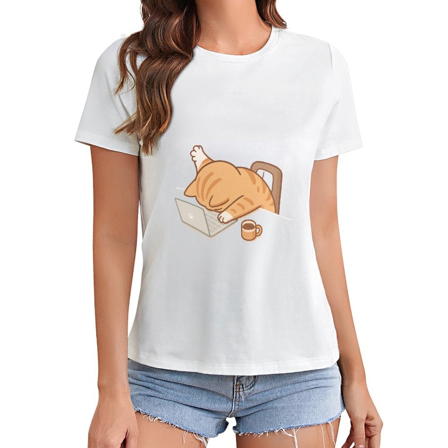 Gildan T-shirt Women Exhausted Cat at Work Spring and Summer Round Neck Short - sleeved Tops Women's Casual Sports T-shirt - TrendyLookz