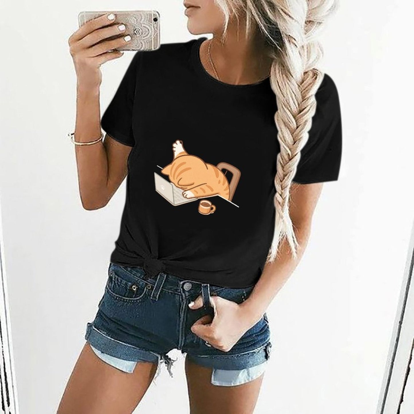 Gildan T-shirt Women Exhausted Cat at Work Spring and Summer Round Neck Short - sleeved Tops Women's Casual Sports T-shirt - TrendyLookz