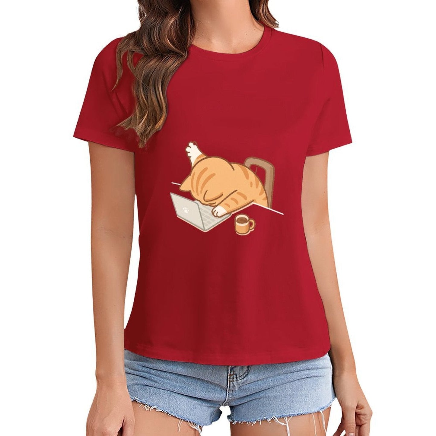 Gildan T-shirt Women Exhausted Cat at Work Spring and Summer Round Neck Short - sleeved Tops Women's Casual Sports T-shirt - TrendyLookz