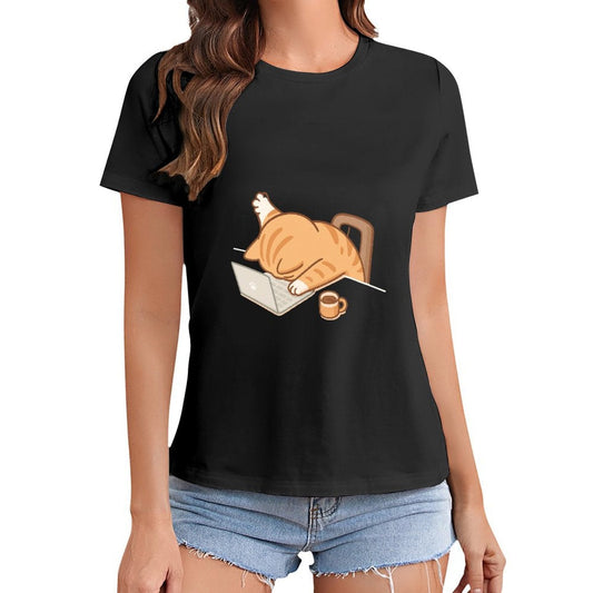 Gildan T-shirt Women Exhausted Cat at Work Spring and Summer Round Neck Short - sleeved Tops Women's Casual Sports T-shirt - TrendyLookz