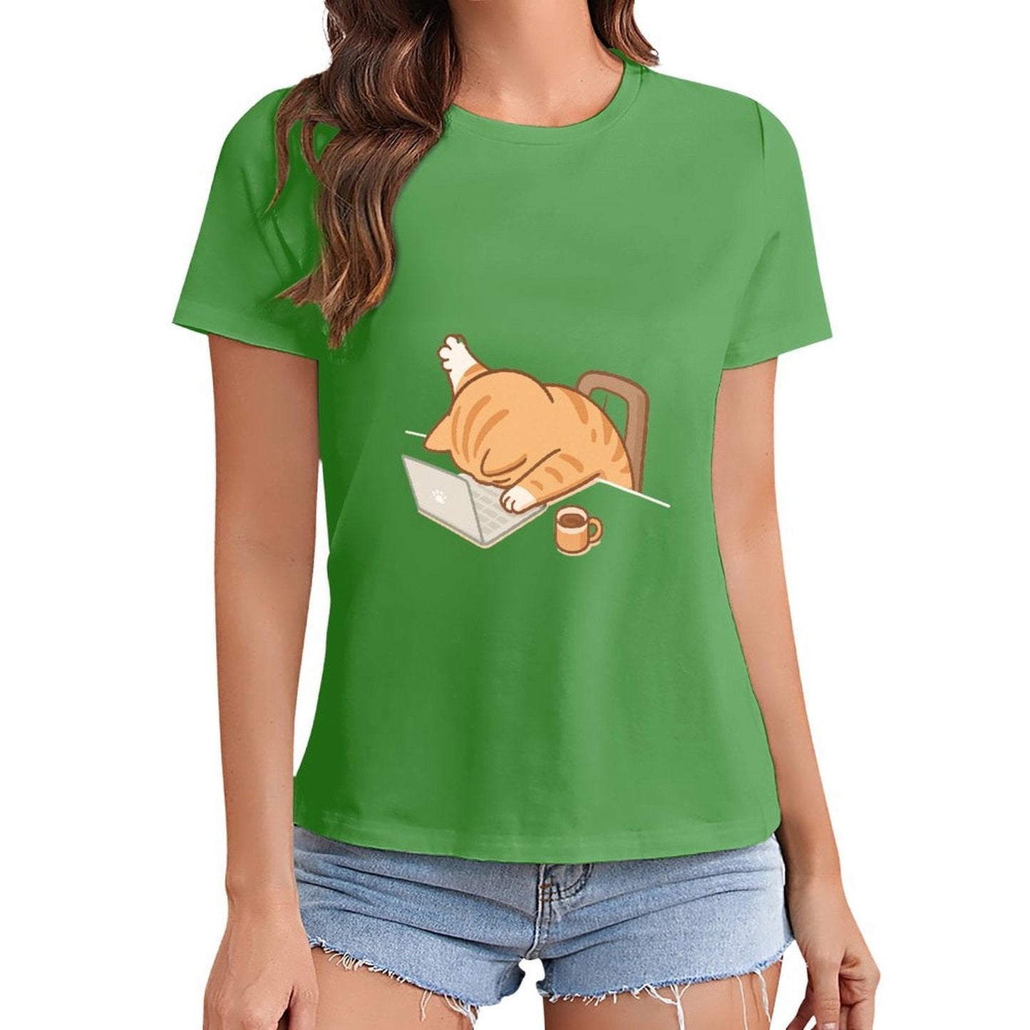 Gildan T-shirt Women Exhausted Cat at Work Spring and Summer Round Neck Short - sleeved Tops Women's Casual Sports T-shirt - TrendyLookz