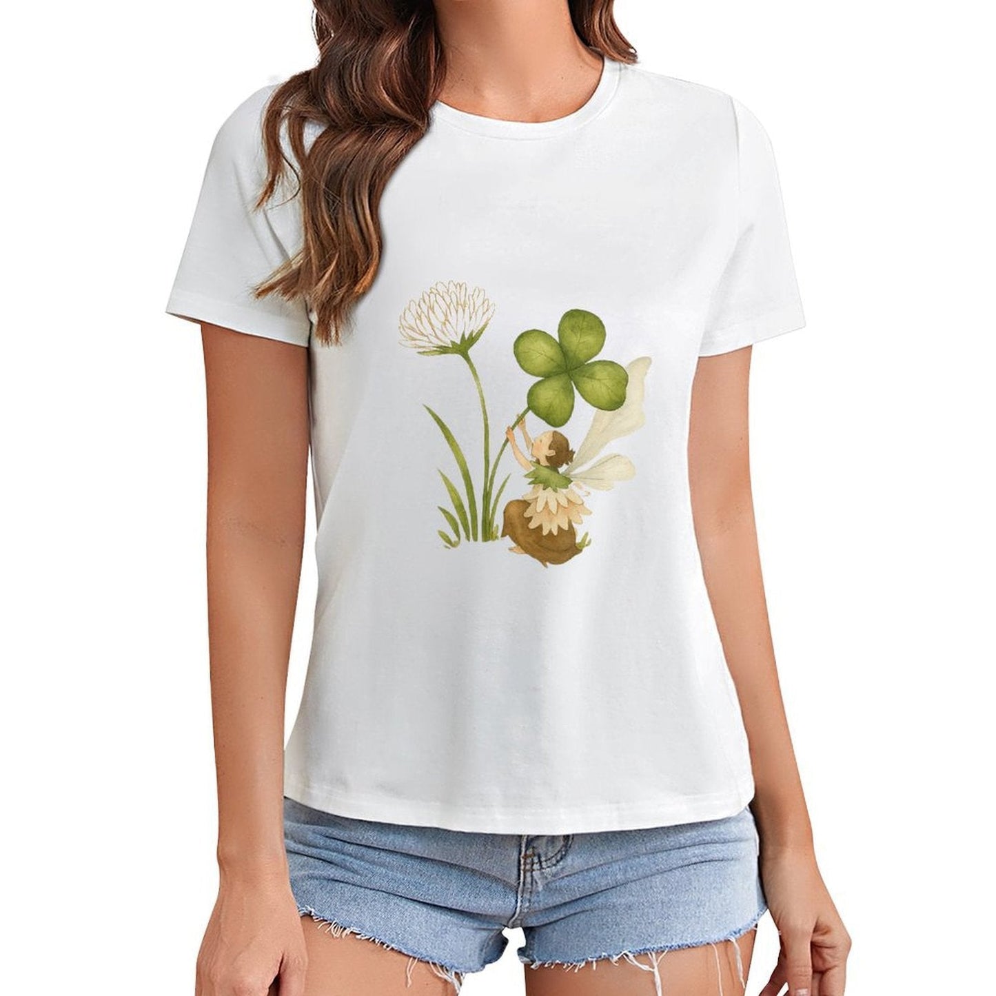 Gildan T-shirt Women Fairy And Lucky Clover Spring and Summer Round Neck Short - sleeved Tops Women's Casual Sports T-shirt - TrendyLookz