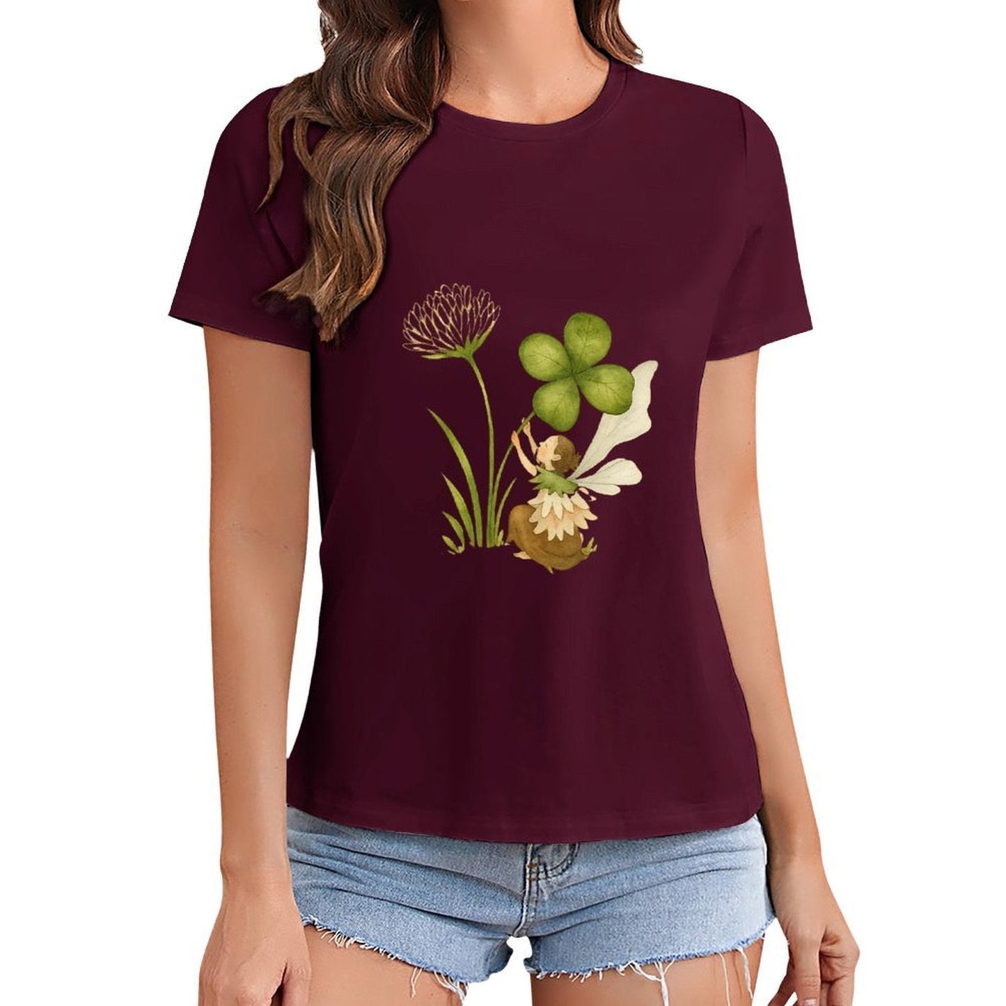 Gildan T-shirt Women Fairy And Lucky Clover Spring and Summer Round Neck Short - sleeved Tops Women's Casual Sports T-shirt - TrendyLookz