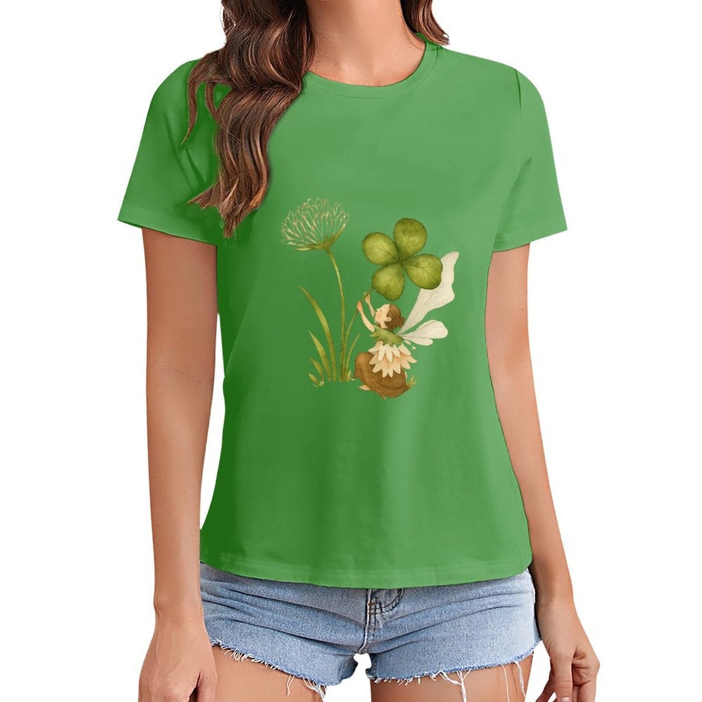 Gildan T-shirt Women Fairy And Lucky Clover Spring and Summer Round Neck Short - sleeved Tops Women's Casual Sports T-shirt - TrendyLookz
