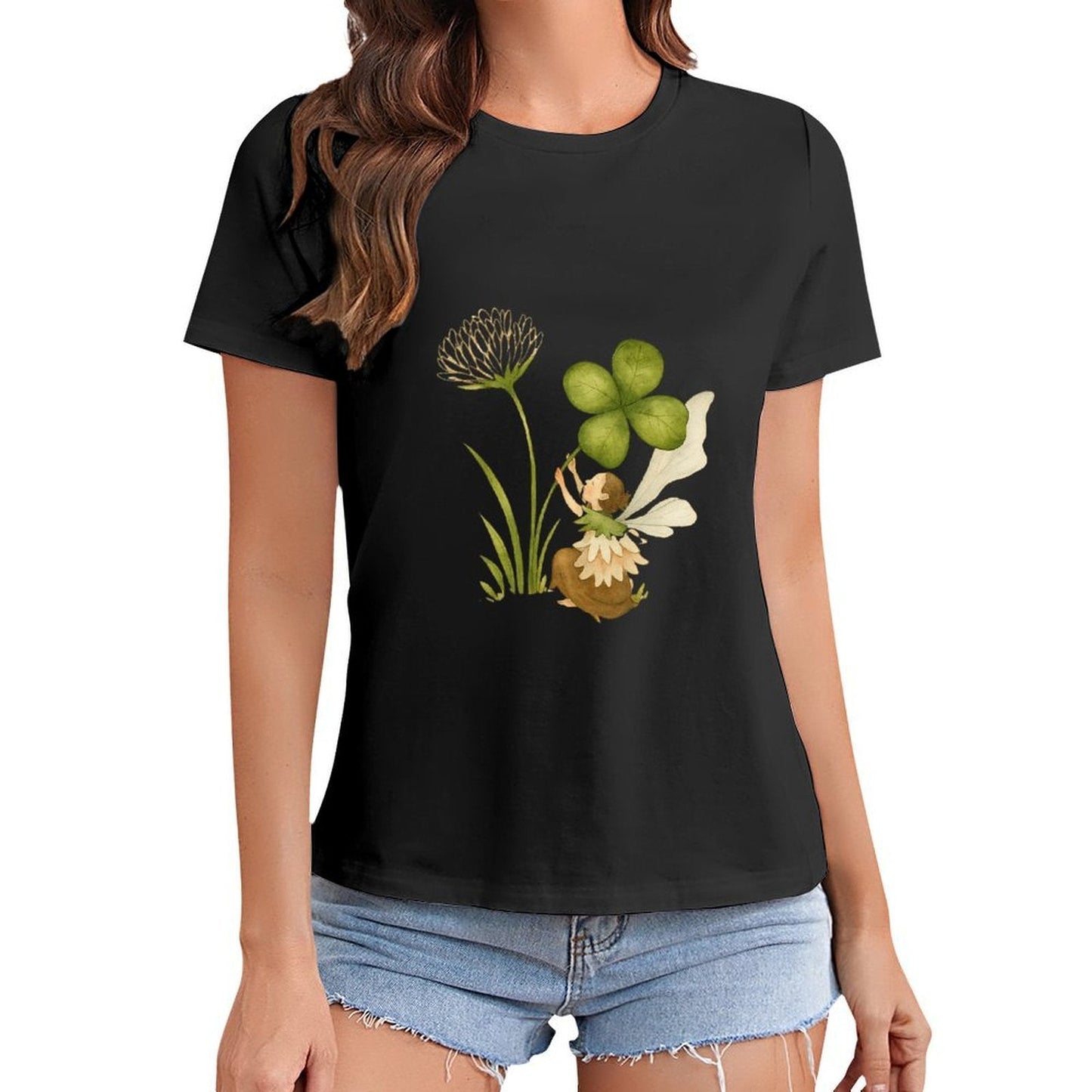 Gildan T-shirt Women Fairy And Lucky Clover Spring and Summer Round Neck Short - sleeved Tops Women's Casual Sports T-shirt - TrendyLookz