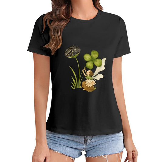 Gildan T-shirt Women Fairy And Lucky Clover Spring and Summer Round Neck Short - sleeved Tops Women's Casual Sports T-shirt - TrendyLookz