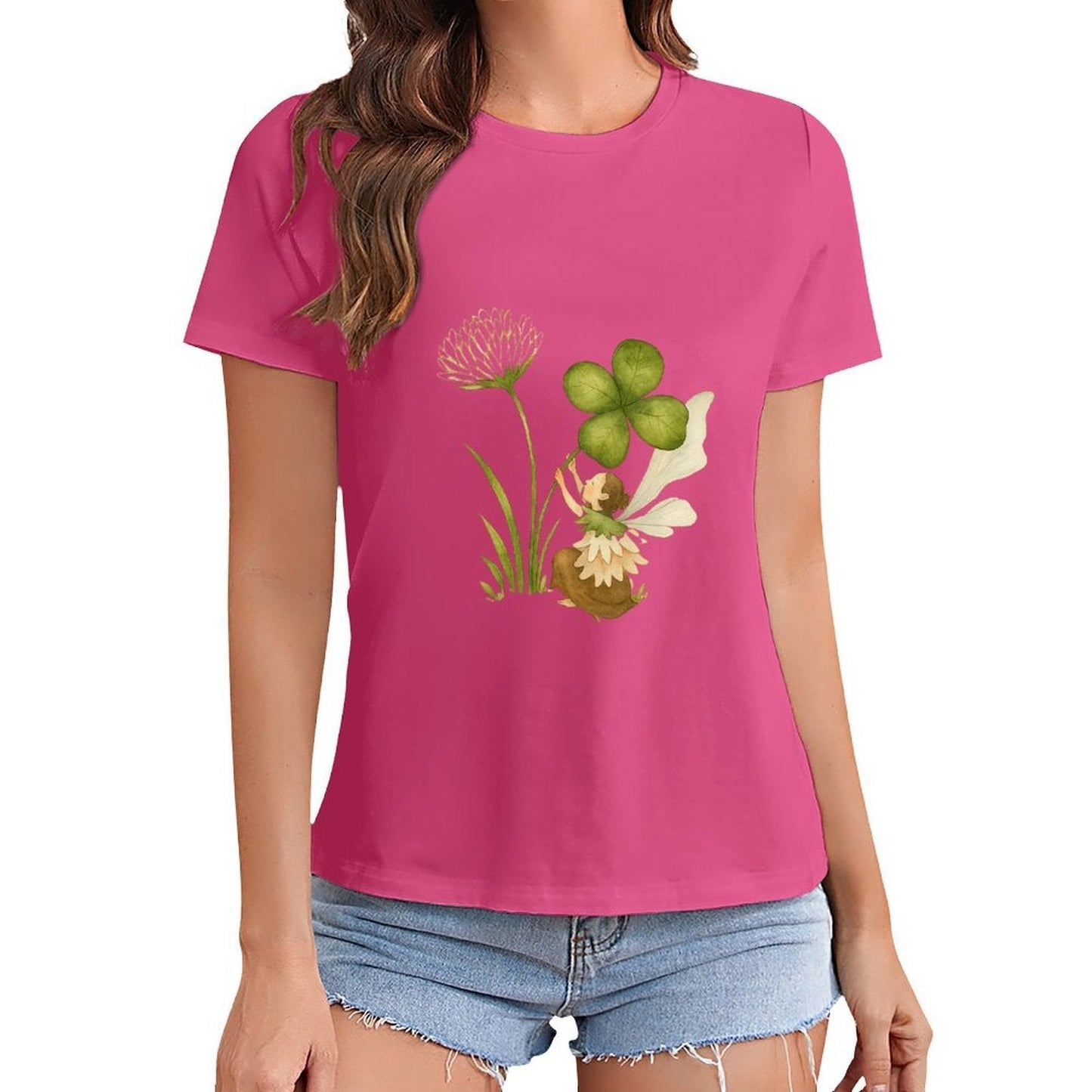 Gildan T-shirt Women Fairy And Lucky Clover Spring and Summer Round Neck Short - sleeved Tops Women's Casual Sports T-shirt - TrendyLookz