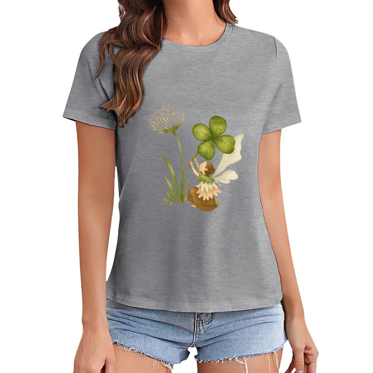 Gildan T-shirt Women Fairy And Lucky Clover Spring and Summer Round Neck Short - sleeved Tops Women's Casual Sports T-shirt - TrendyLookz