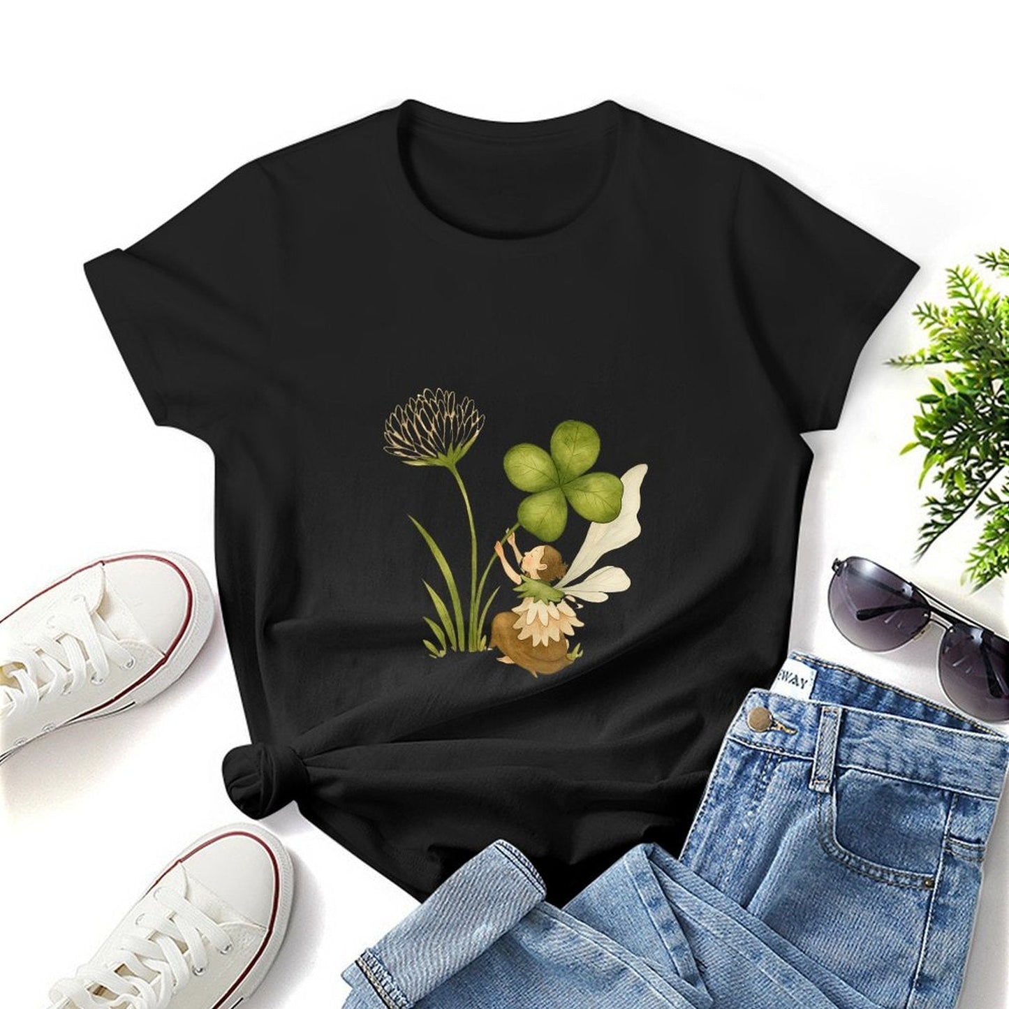 Gildan T-shirt Women Fairy And Lucky Clover Spring and Summer Round Neck Short - sleeved Tops Women's Casual Sports T-shirt - TrendyLookz