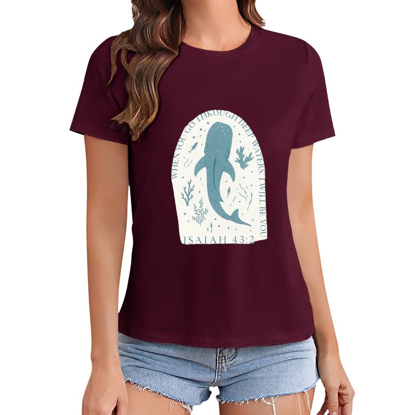 Gildan T-shirt Women Faith Through Deep Waters Spring and Summer Round Neck Short - sleeved Tops Women's Casual Sports T-shirt - TrendyLookz