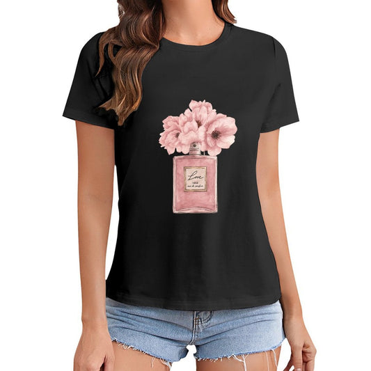 Gildan T-shirt Women Floral Perfume Elegance Spring and Summer Round Neck Short - sleeved Tops Women's Casual Sports T-shirt - TrendyLookz