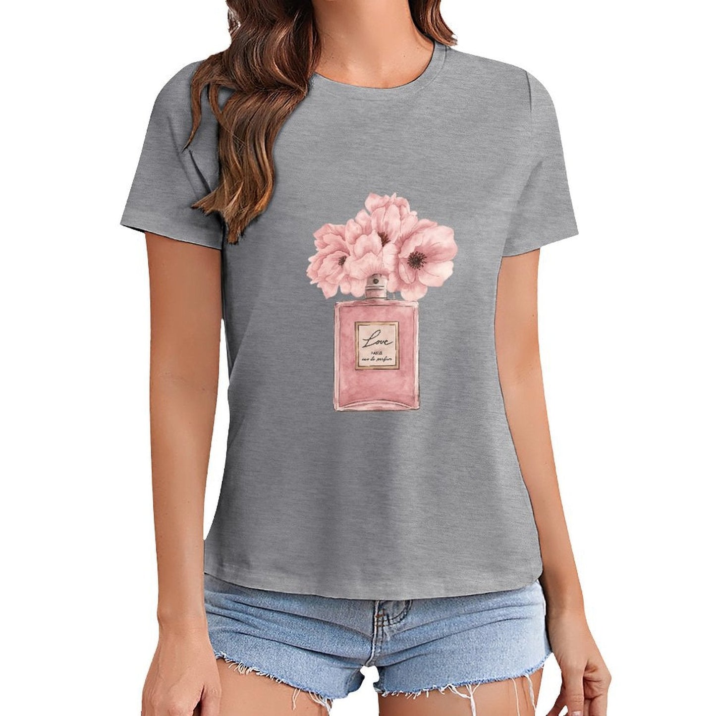 Gildan T-shirt Women Floral Perfume Elegance Spring and Summer Round Neck Short - sleeved Tops Women's Casual Sports T-shirt - TrendyLookz