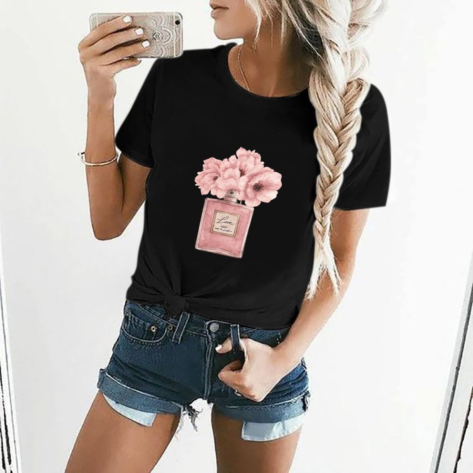 Gildan T-shirt Women Floral Perfume Elegance Spring and Summer Round Neck Short - sleeved Tops Women's Casual Sports T-shirt - TrendyLookz