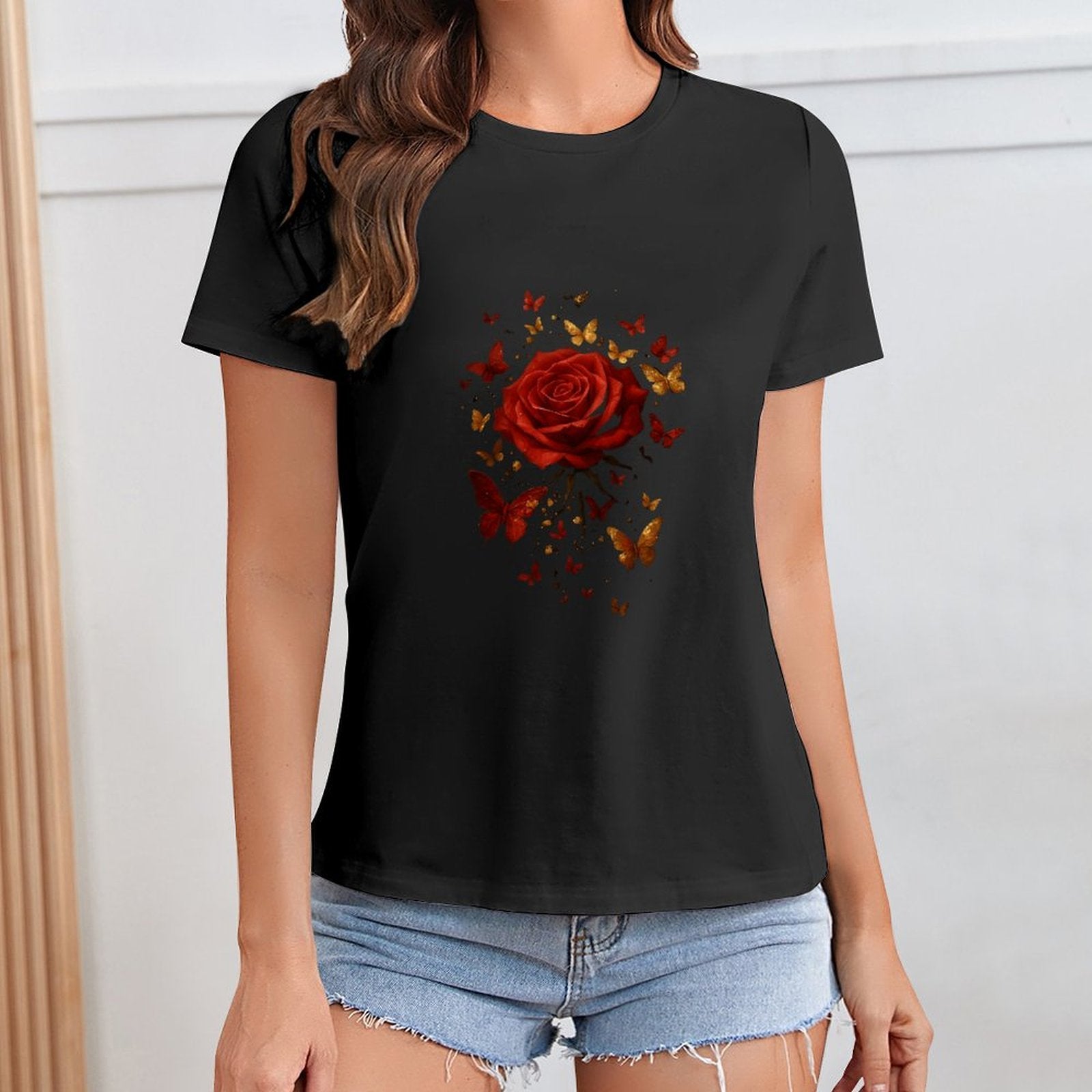 Gildan T-shirt Women Golden Butterflies And Rose Spring and Summer Round Neck Short - sleeved Tops Women's Casual Sports T-shirt - TrendyLookz