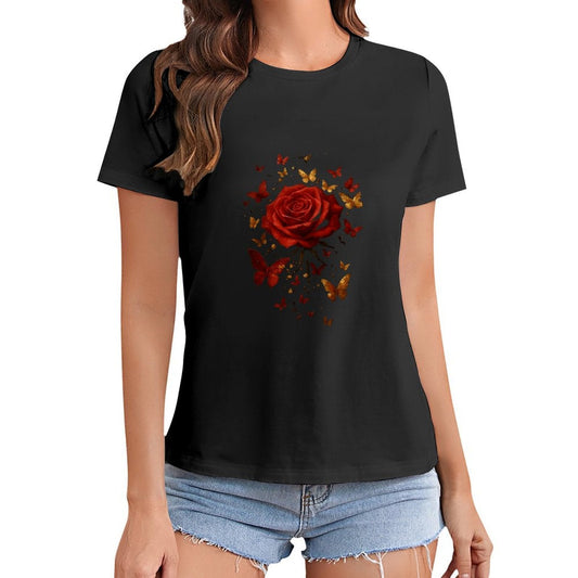 Gildan T-shirt Women Golden Butterflies And Rose Spring and Summer Round Neck Short - sleeved Tops Women's Casual Sports T-shirt - TrendyLookz