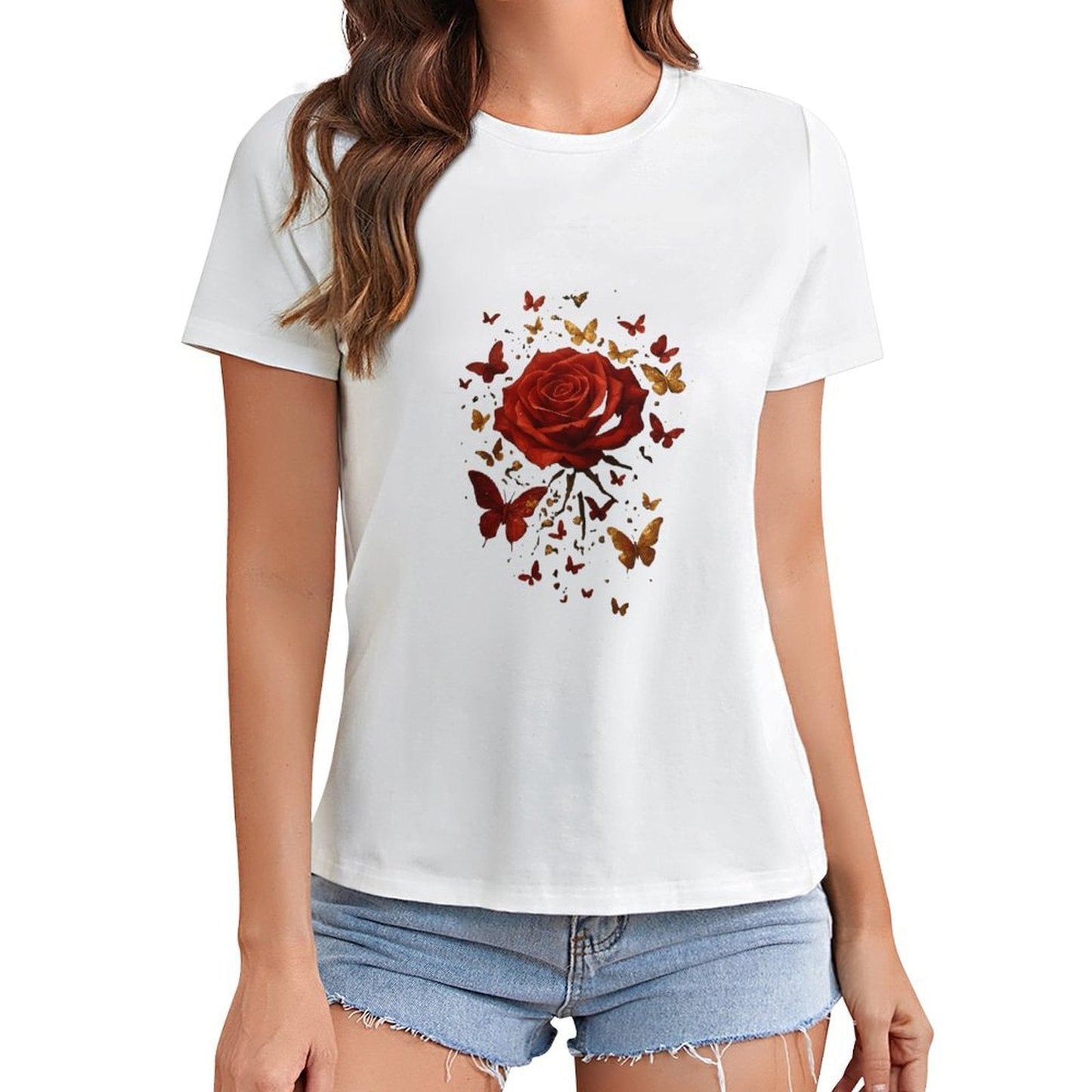 Gildan T-shirt Women Golden Butterflies And Rose Spring and Summer Round Neck Short - sleeved Tops Women's Casual Sports T-shirt - TrendyLookz