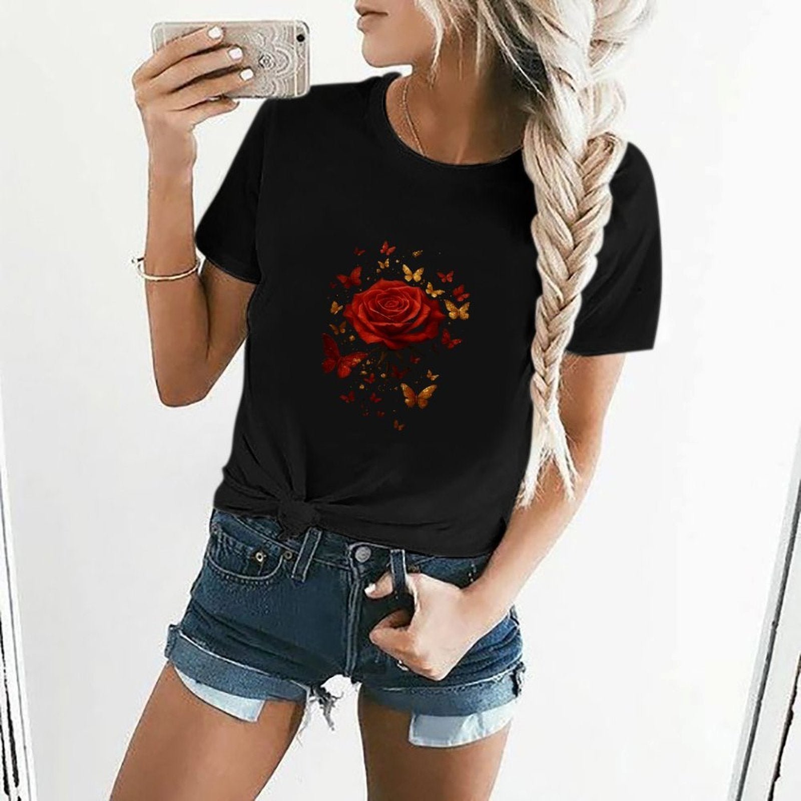Gildan T-shirt Women Golden Butterflies And Rose Spring and Summer Round Neck Short - sleeved Tops Women's Casual Sports T-shirt - TrendyLookz