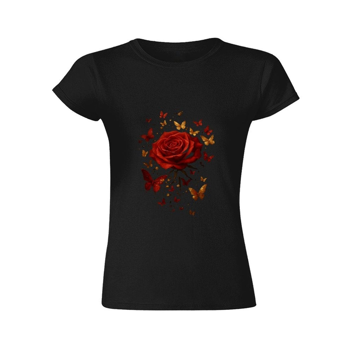 Gildan T-shirt Women Golden Butterflies And Rose Spring and Summer Round Neck Short - sleeved Tops Women's Casual Sports T-shirt - TrendyLookz