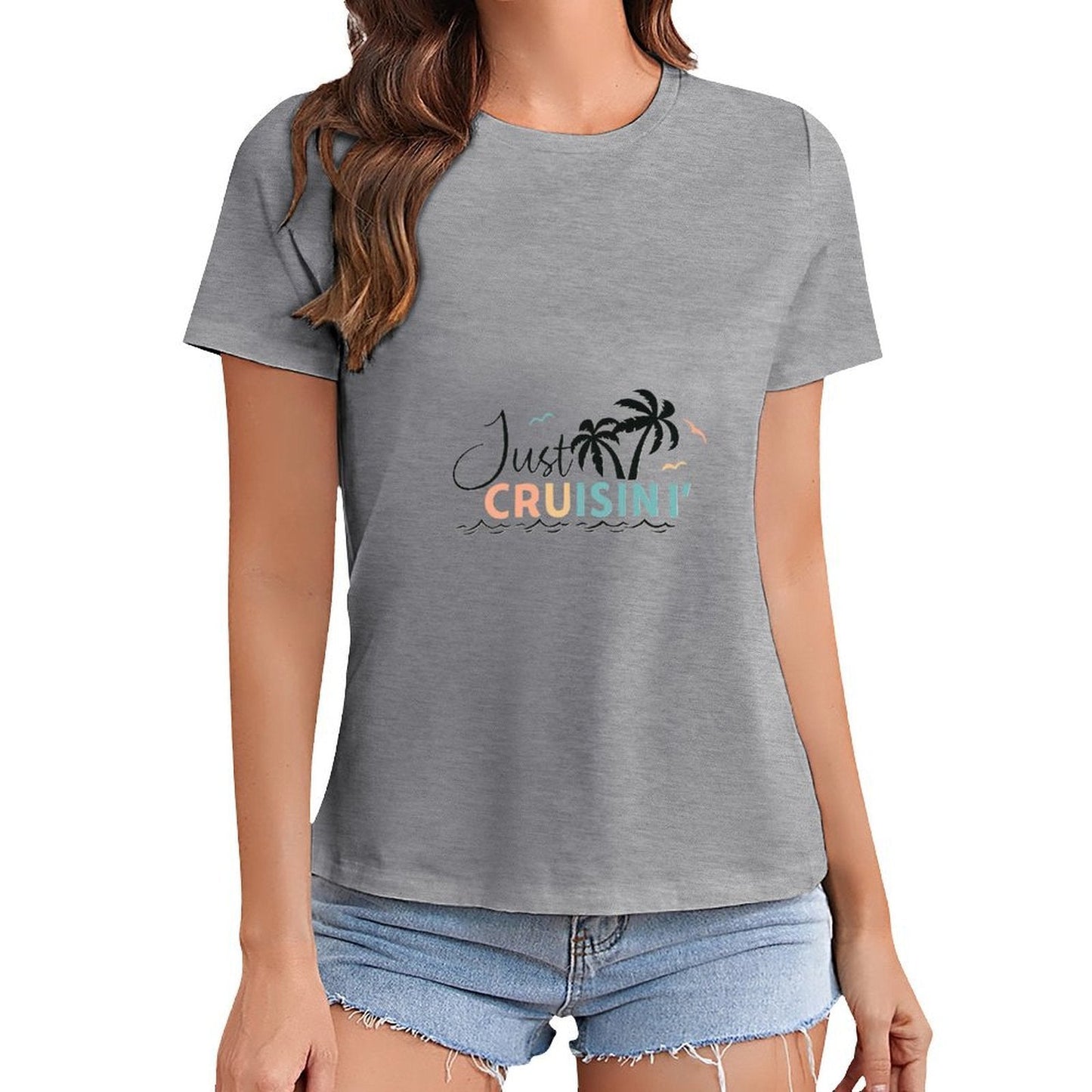 Gildan T-shirt Women Just Cruisin' Tropical Vibes Spring and Summer Round Neck Short - sleeved Tops Women's Casual Sports T-shirt - TrendyLookz