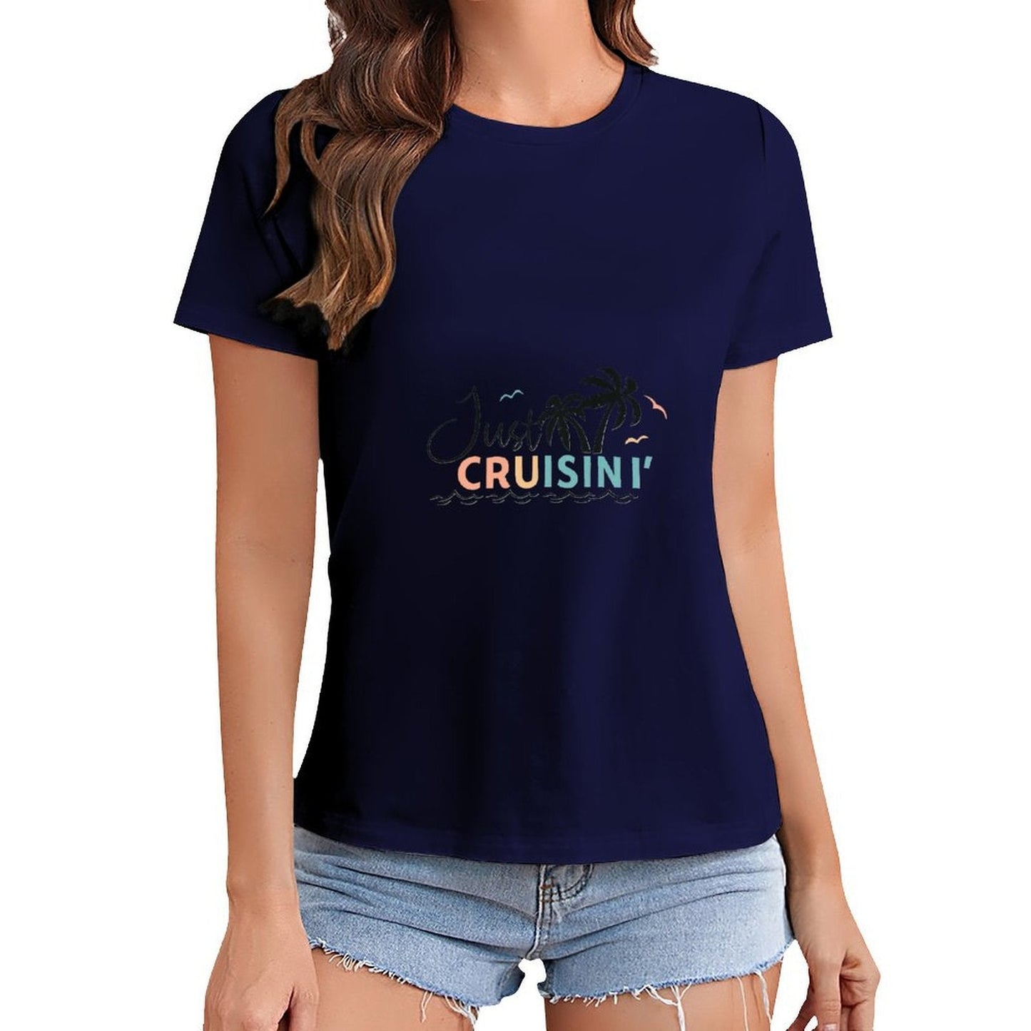 Gildan T-shirt Women Just Cruisin' Tropical Vibes Spring and Summer Round Neck Short - sleeved Tops Women's Casual Sports T-shirt - TrendyLookz