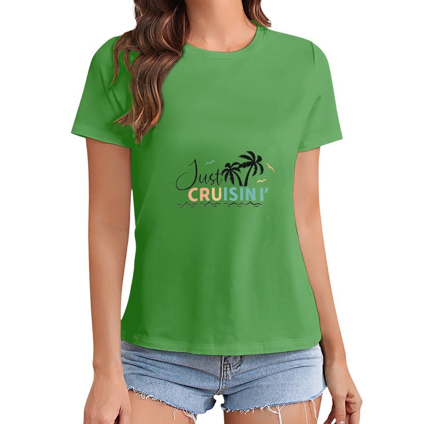 Gildan T-shirt Women Just Cruisin' Tropical Vibes Spring and Summer Round Neck Short - sleeved Tops Women's Casual Sports T-shirt - TrendyLookz