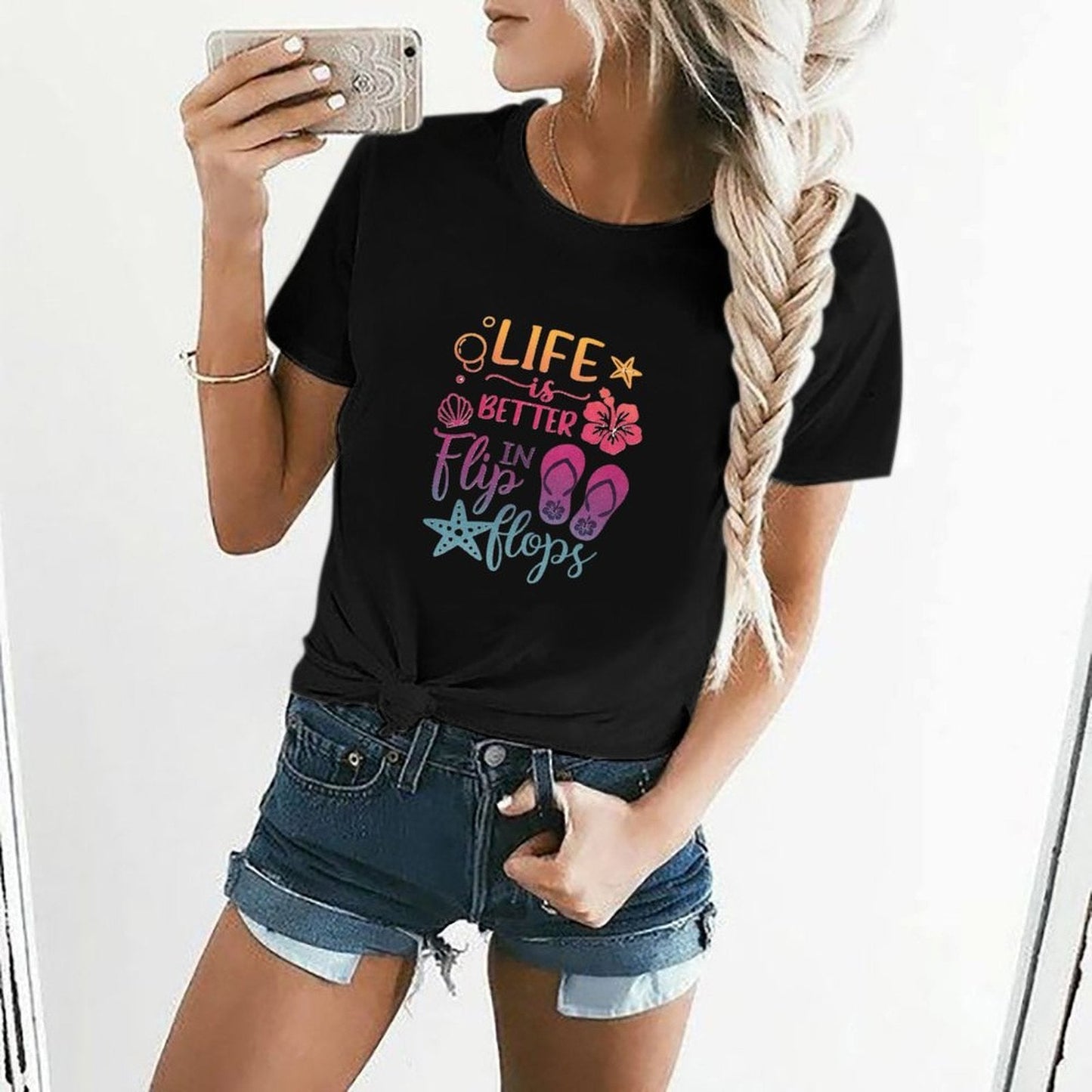 Gildan T-shirt Women Life Is Better in Flip Flops Spring and Summer Round Neck Short - sleeved Tops Women's Casual Sports T-shirt - TrendyLookz