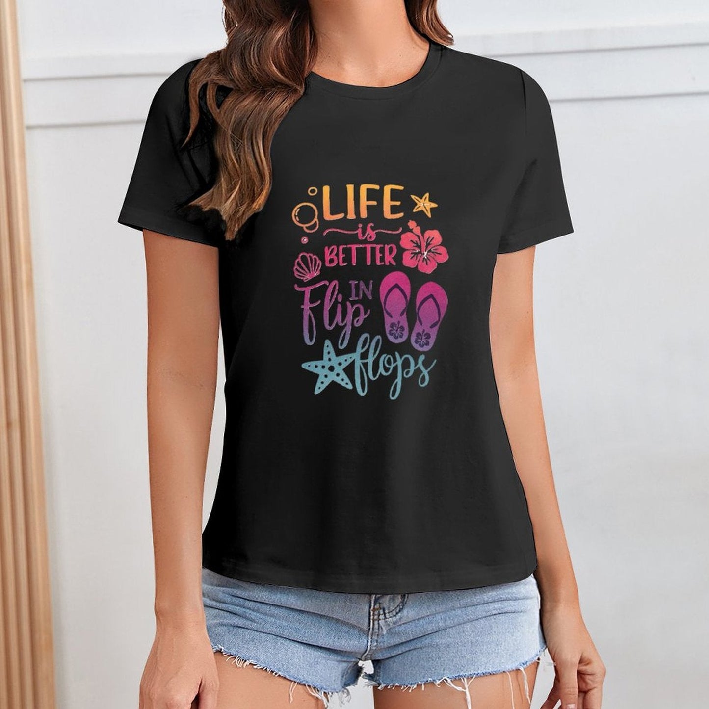 Gildan T-shirt Women Life Is Better in Flip Flops Spring and Summer Round Neck Short - sleeved Tops Women's Casual Sports T-shirt - TrendyLookz