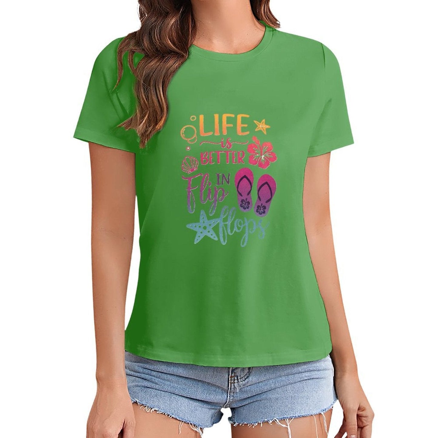 Gildan T-shirt Women Life Is Better in Flip Flops Spring and Summer Round Neck Short - sleeved Tops Women's Casual Sports T-shirt - TrendyLookz