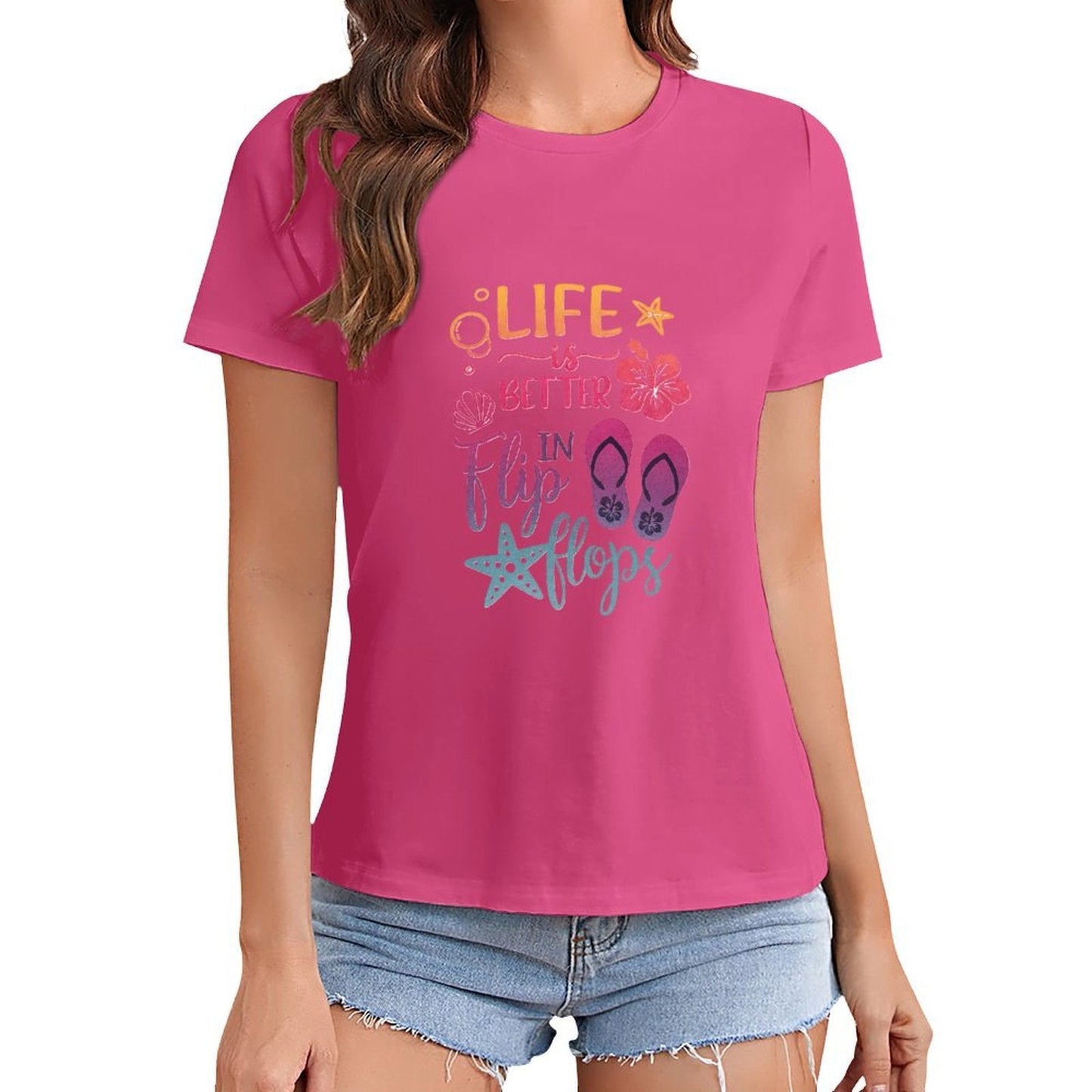 Gildan T-shirt Women Life Is Better in Flip Flops Spring and Summer Round Neck Short - sleeved Tops Women's Casual Sports T-shirt - TrendyLookz