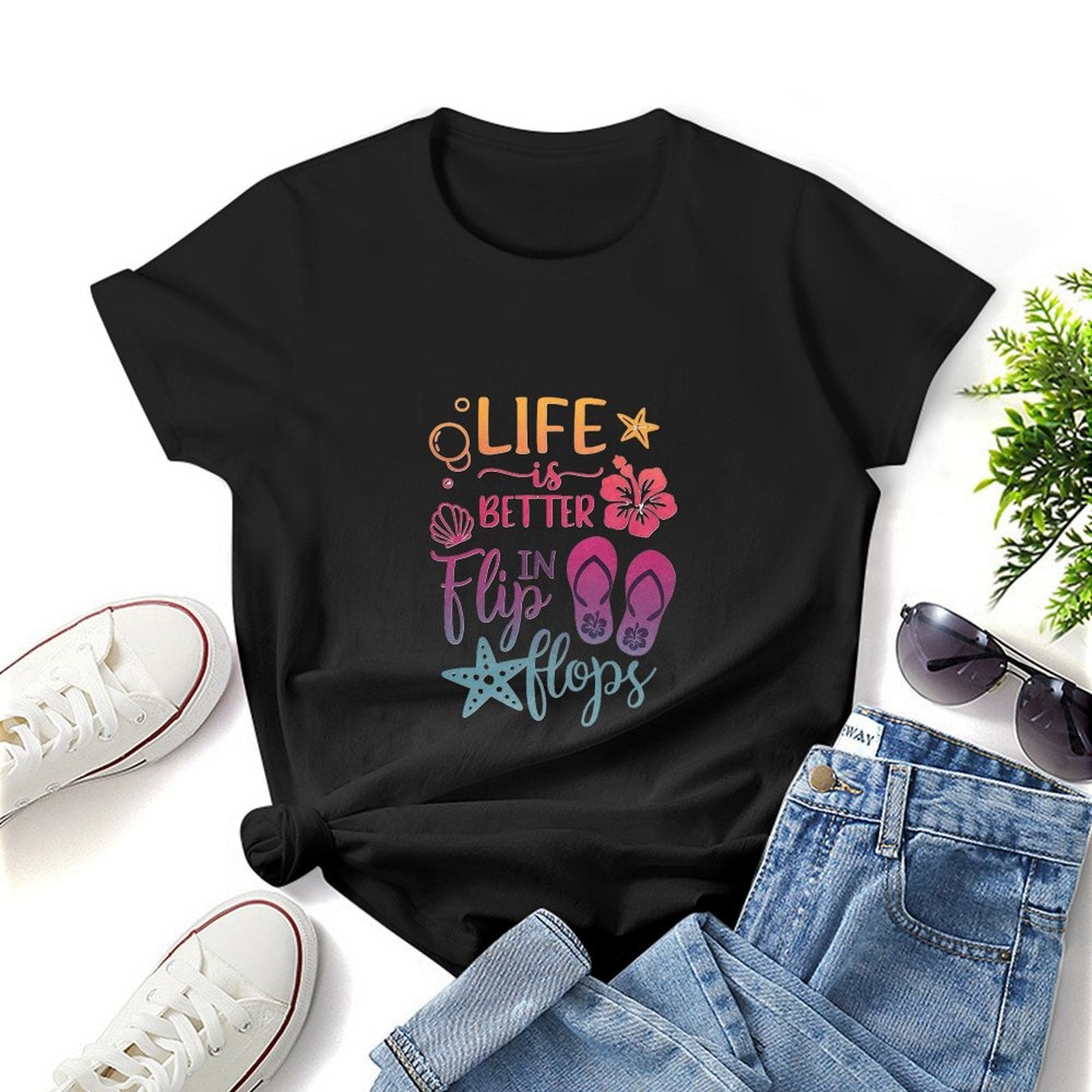 Gildan T-shirt Women Life Is Better in Flip Flops Spring and Summer Round Neck Short - sleeved Tops Women's Casual Sports T-shirt - TrendyLookz