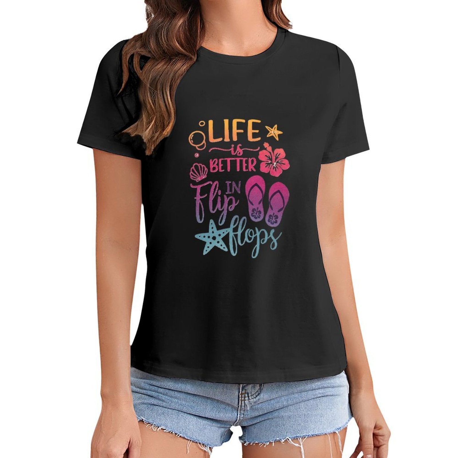 Gildan T-shirt Women Life Is Better in Flip Flops Spring and Summer Round Neck Short - sleeved Tops Women's Casual Sports T-shirt - TrendyLookz