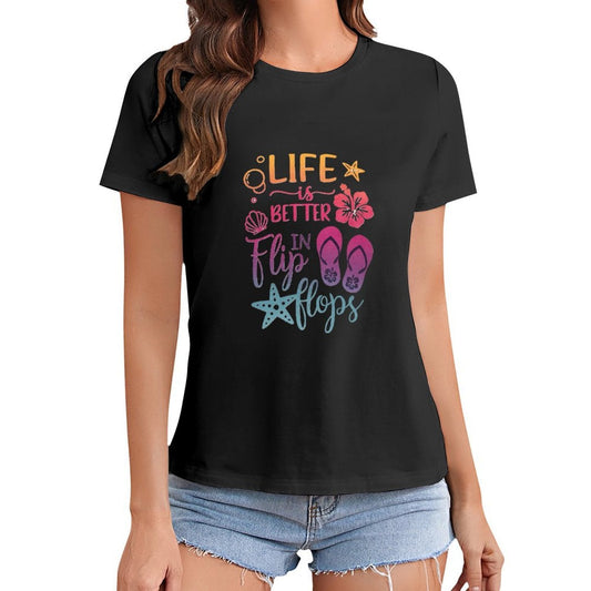 Gildan T-shirt Women Life Is Better in Flip Flops Spring and Summer Round Neck Short - sleeved Tops Women's Casual Sports T-shirt - TrendyLookz