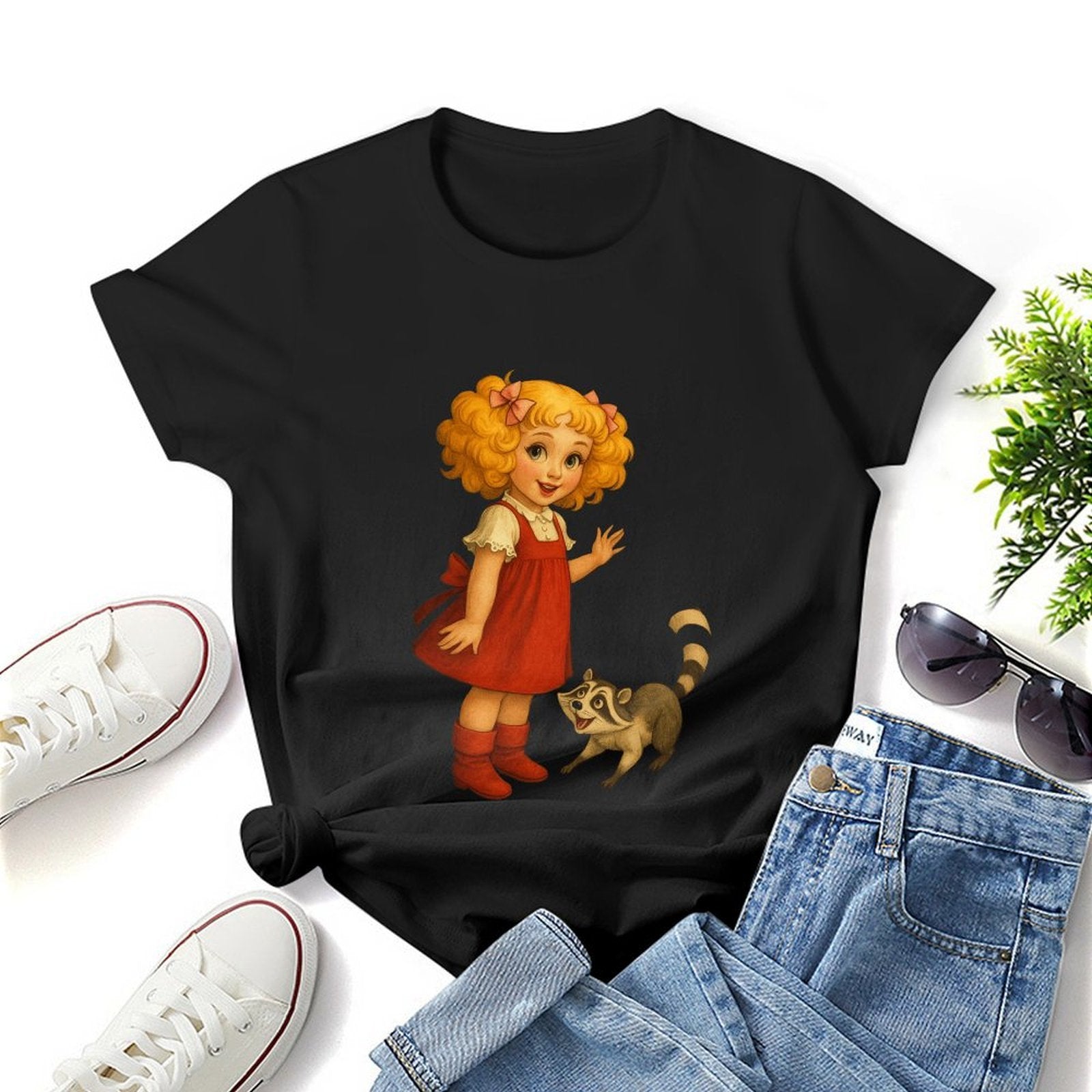 Gildan T-shirt Women Little Girl And Raccoon - U1 Spring and Summer Round Neck Short - sleeved Tops Women's Casual Sports T-shirt - TrendyLookz
