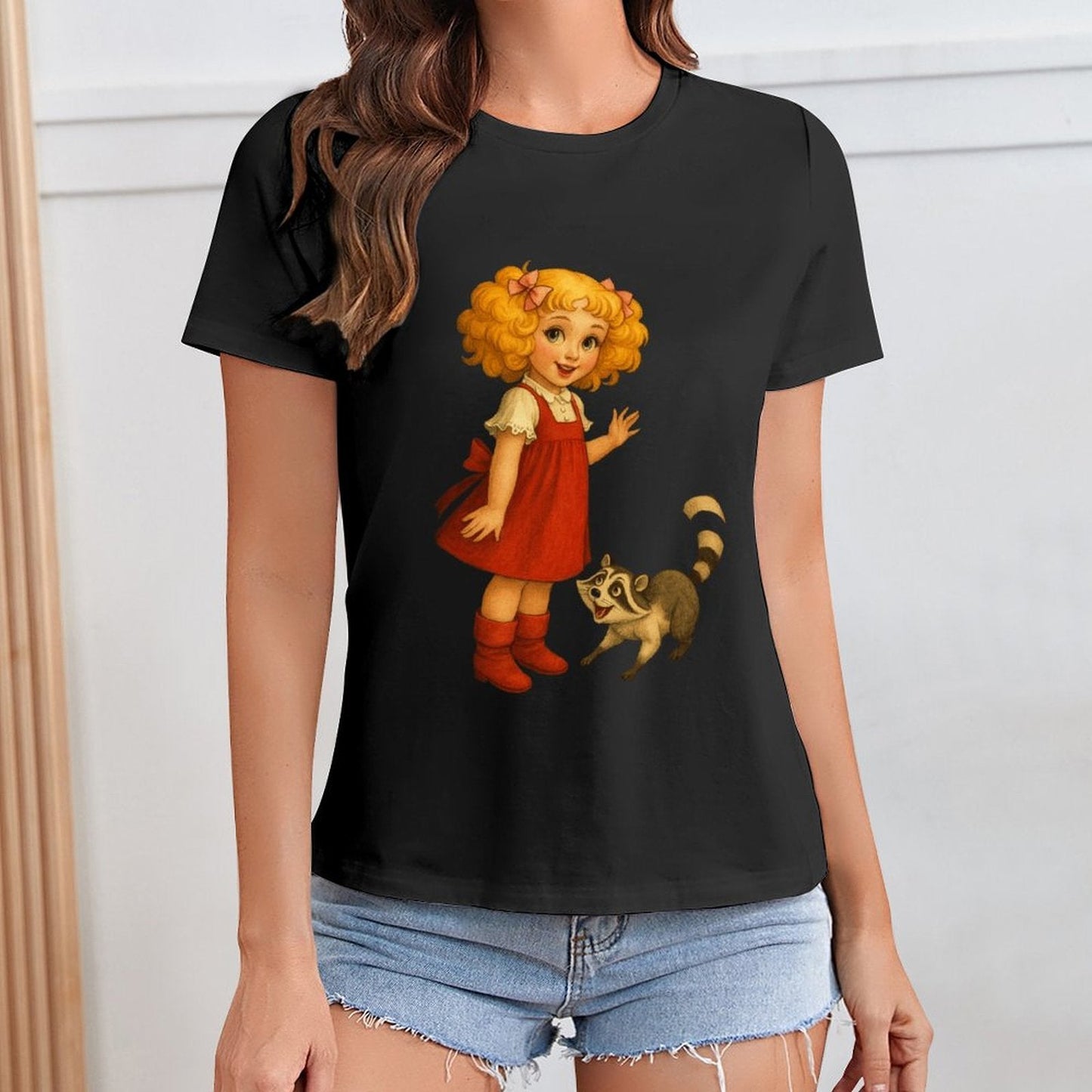 Gildan T-shirt Women Little Girl And Raccoon - U1 Spring and Summer Round Neck Short - sleeved Tops Women's Casual Sports T-shirt - TrendyLookz
