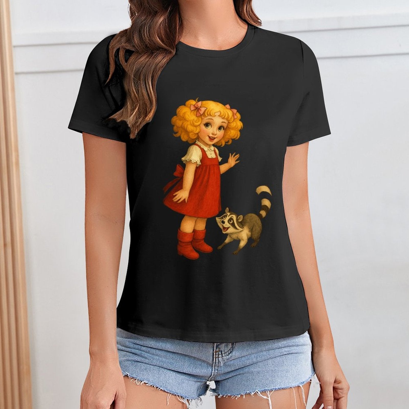 Gildan T-shirt Women Little Girl And Raccoon - U1 Spring and Summer Round Neck Short - sleeved Tops Women's Casual Sports T-shirt - TrendyLookz