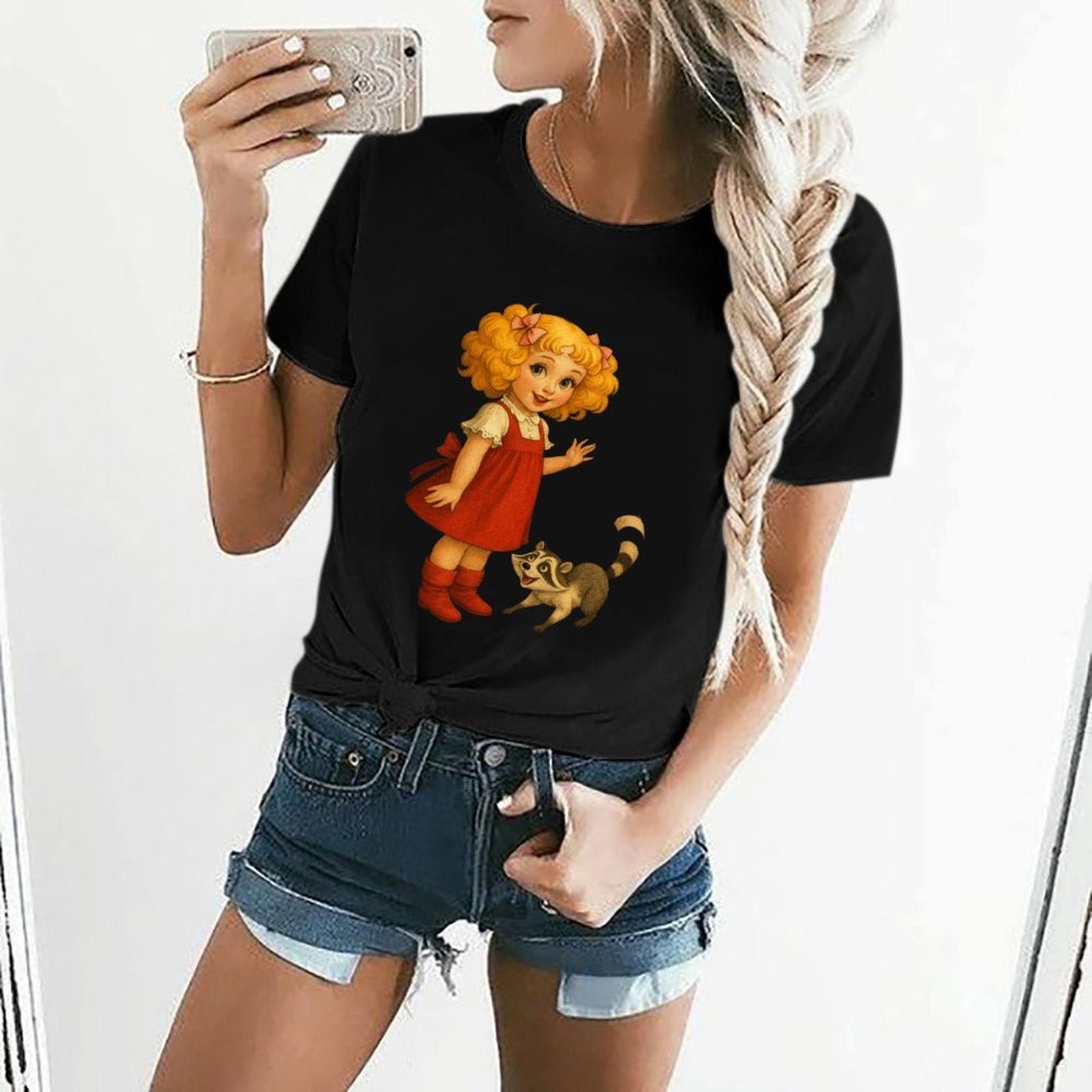 Gildan T-shirt Women Little Girl And Raccoon - U1 Spring and Summer Round Neck Short - sleeved Tops Women's Casual Sports T-shirt - TrendyLookz