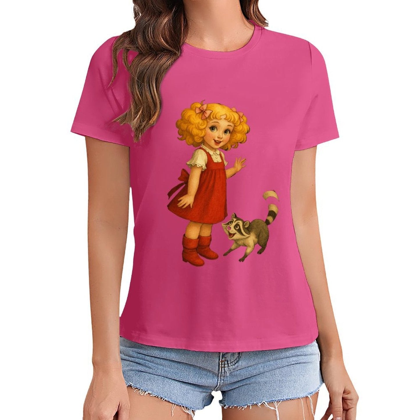 Gildan T-shirt Women Little Girl And Raccoon - U1 Spring and Summer Round Neck Short - sleeved Tops Women's Casual Sports T-shirt - TrendyLookz