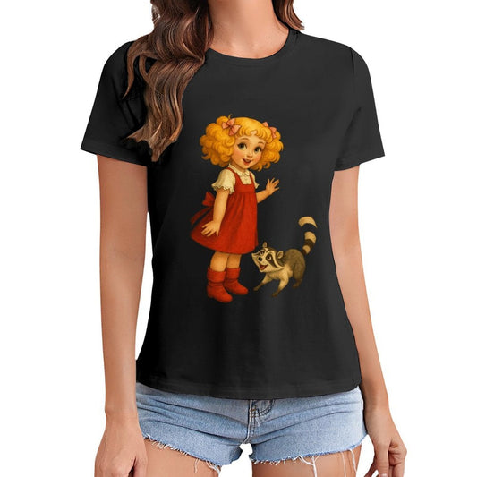 Gildan T-shirt Women Little Girl And Raccoon - U1 Spring and Summer Round Neck Short - sleeved Tops Women's Casual Sports T-shirt - TrendyLookz