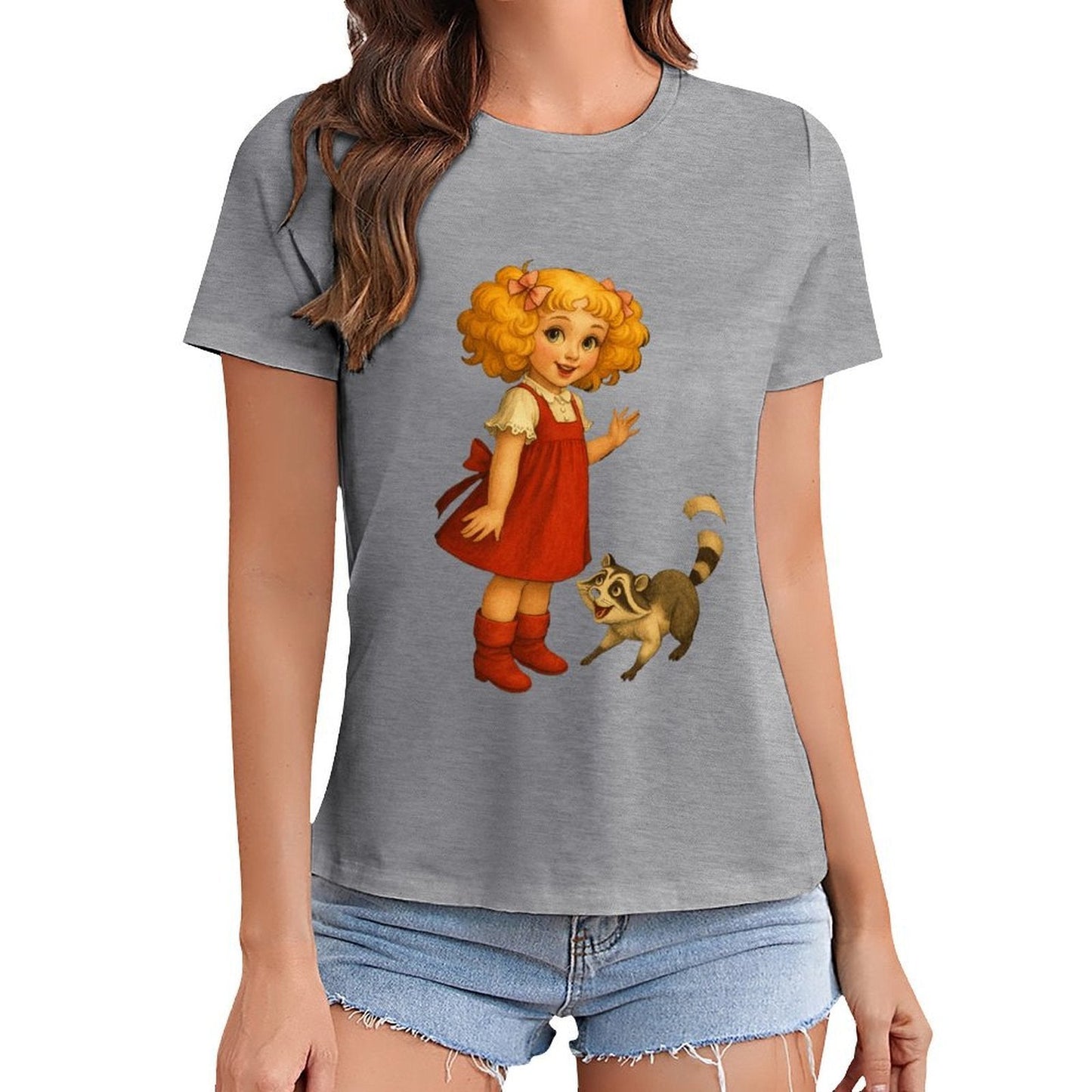 Gildan T-shirt Women Little Girl And Raccoon - U1 Spring and Summer Round Neck Short - sleeved Tops Women's Casual Sports T-shirt - TrendyLookz