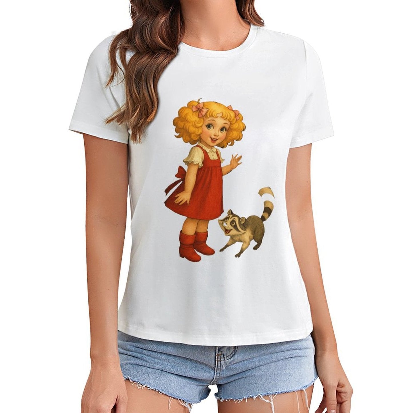 Gildan T-shirt Women Little Girl And Raccoon - U1 Spring and Summer Round Neck Short - sleeved Tops Women's Casual Sports T-shirt - TrendyLookz