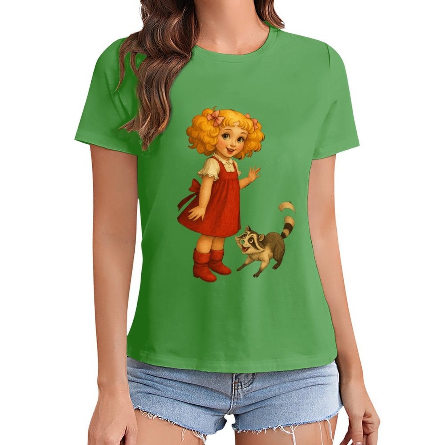 Gildan T-shirt Women Little Girl And Raccoon - U1 Spring and Summer Round Neck Short - sleeved Tops Women's Casual Sports T-shirt - TrendyLookz
