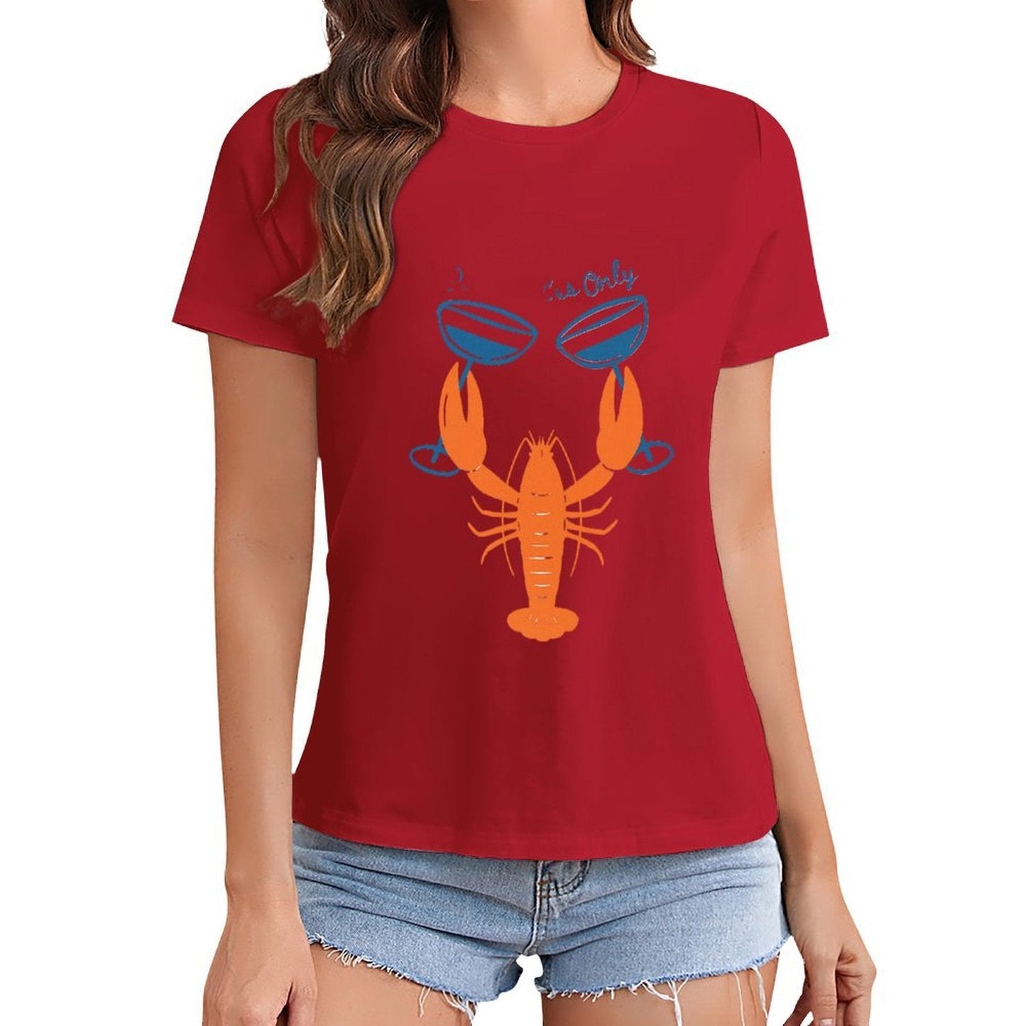 Gildan T-shirt Women Lobster Toasting Good Times Spring and Summer Round Neck Short - sleeved Tops Women's Casual Sports T-shirt - TrendyLookz