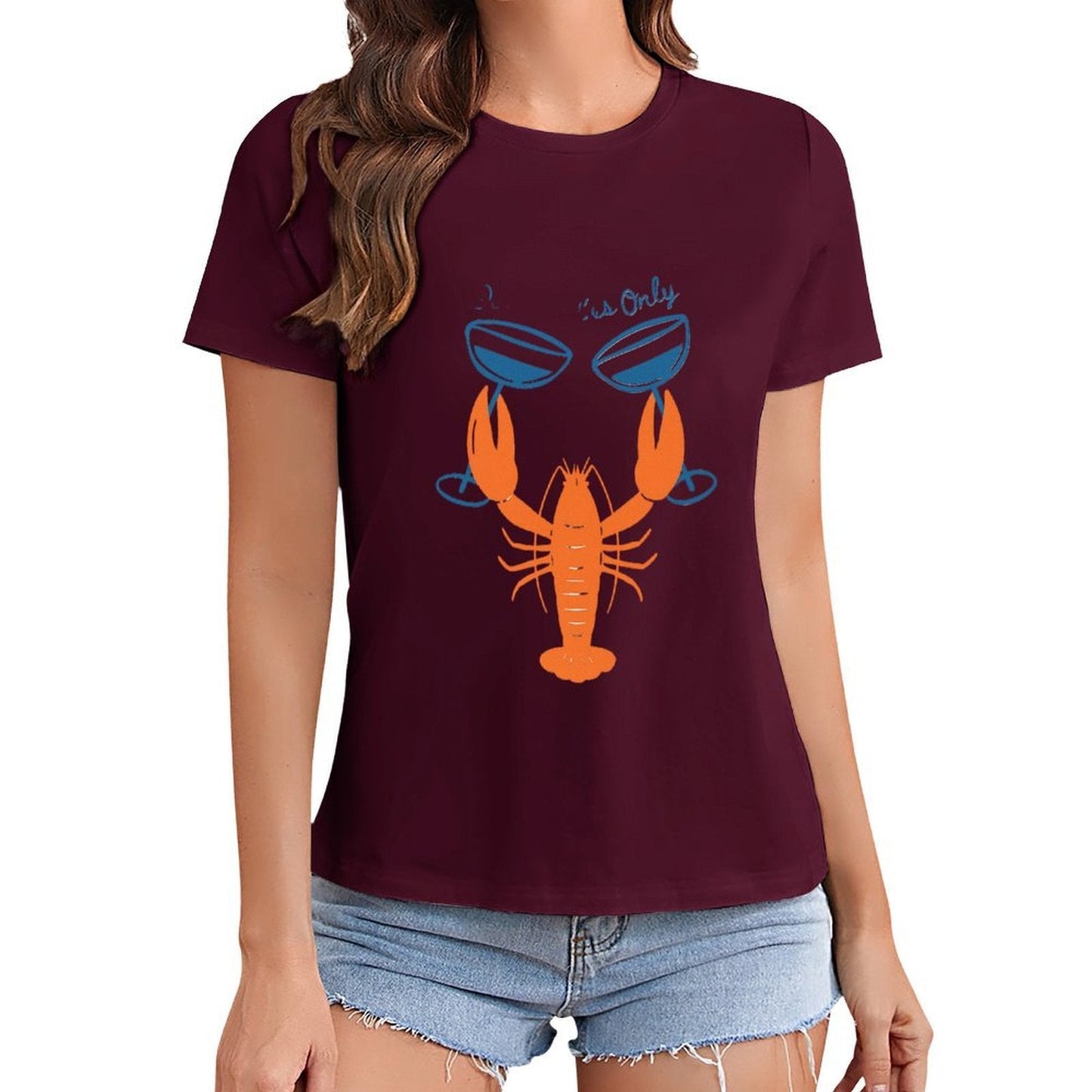 Gildan T-shirt Women Lobster Toasting Good Times Spring and Summer Round Neck Short - sleeved Tops Women's Casual Sports T-shirt - TrendyLookz