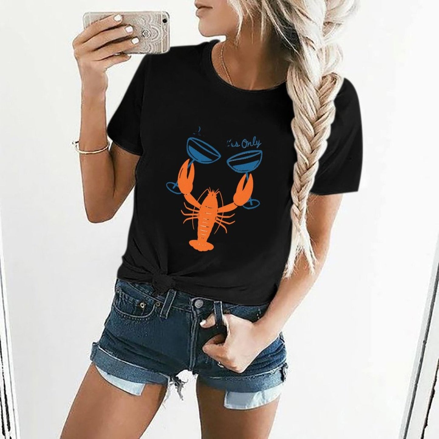 Gildan T-shirt Women Lobster Toasting Good Times Spring and Summer Round Neck Short - sleeved Tops Women's Casual Sports T-shirt - TrendyLookz