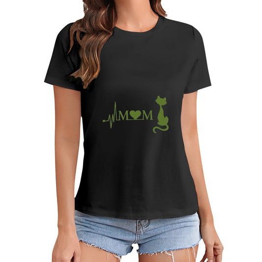Gildan T-shirt Women Mom Loves Cats Heartbeat - U1 Spring and Summer Round Neck Short - sleeved Tops Women's Casual Sports T-shirt - TrendyLookz