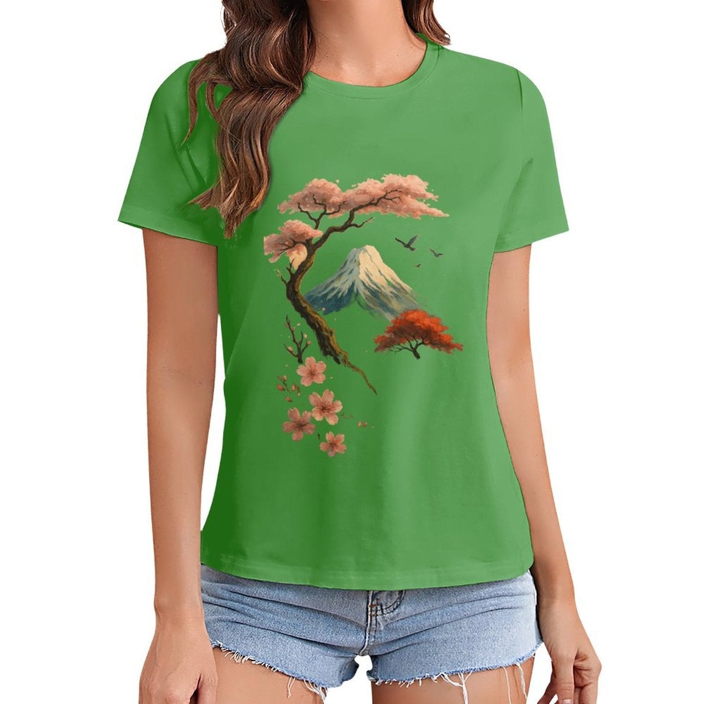 Gildan T-shirt Women Mount Fuji And Cherry Blossoms - U1 Spring and Summer Round Neck Short - sleeved Tops Women's Casual Sports T-shirt - TrendyLookz